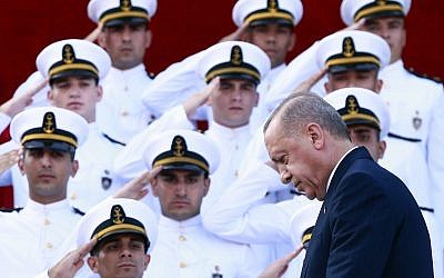 Turkey's President Recep Tayyip Erdogan, arrives to deliver a speech to graduates of a military academy in Istanbul, Saturday, Aug. 31, 2019.(Presidential Press Service via AP, Pool)