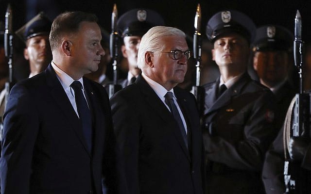 German President Frank-Walter Steinmeier, right, and Polish President Andrzej Duda, left, attend ceremony marking the 80th anniversary of World War II, in Wielun, Poland, Sept. 1, 2019. (AP Photo/Czarek Sokolowski) German President Frank-Walter Steinmeier, right, and Polish President Andrzej Duda, left, attend ceremony marking the 80th anniversary of World War II, in Wielun, Poland, Sept. 1, 2019. (AP Photo/Czarek Sokolowski)