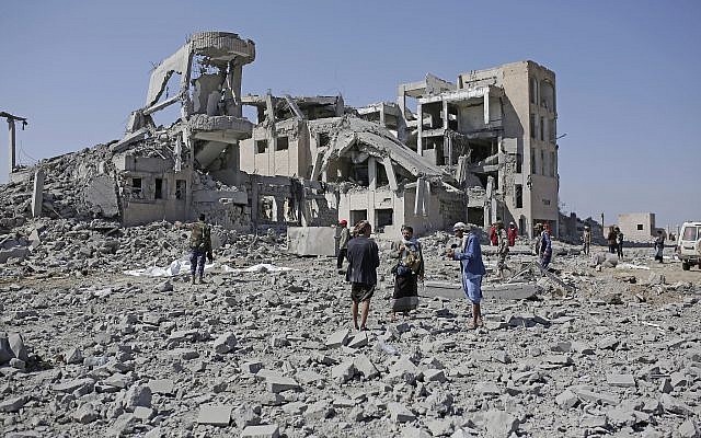 Bodies covered in plastic lie on the ground amid the rubble of a Houthi detention center destroyed by Saudi-led airstrikes, that killed at least 60 people and wounded several dozen according to officials and the rebels' health ministry, in Dhamar province, southwestern Yemen, Sept. 1, 2019 (AP Photo/Hani Mohammed) Bodies covered in plastic lie on the ground amid the rubble of a Houthi detention center destroyed by Saudi-led airstrikes, that killed at least 60 people and wounded several dozen according to officials and the rebels' health ministry, in Dhamar province, southwestern Yemen, Sept. 1, 2019 (AP Photo/Hani Mohammed)