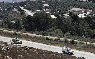 Spanish UN peacekeepers patrol along the Lebanese-Israeli border, September 2, 2019 (AP Photo/Hussein Malla)