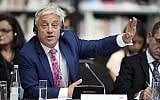 Speaker of the House of Commons John Bercow gestures during a meeting at the G7 parliaments summit, in Brest, western France, September 6, 2019. (AP Photo/David Vincent, Pool)