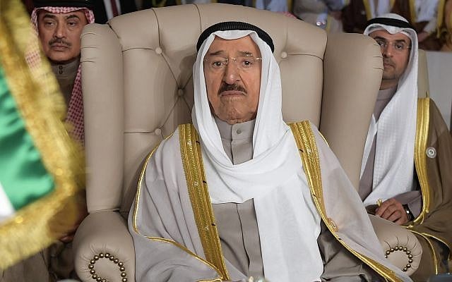 In this March 31, 2019 file photo, Kuwait's ruling emir, Sheikh Sabah Al Ahmad Al Sabah, attends the opening of the 30th Arab Summit, in Tunis, Tunisia. Kuwait said Sunday, Sept. 8, 2019, that its 90-year-old ruling emir Sheikh Sabah has been admitted to a U.S. hospital after an earlier health scare and will cancel an upcoming visit Thursday with President Donald Trump. (Fethi Belaid/Pool Photo via AP, File) In this March 31, 2019 file photo, Kuwait's ruling emir, Sheikh Sabah Al Ahmad Al Sabah, attends the opening of the 30th Arab Summit, in Tunis, Tunisia. Kuwait said Sunday, Sept. 8, 2019, that its 90-year-old ruling emir Sheikh Sabah has been admitted to a U.S. hospital after an earlier health scare and will cancel an upcoming visit Thursday with President Donald Trump. (Fethi Belaid/Pool Photo via AP, File)