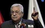 Palestinian Authority President Mahmoud Abbas addresses the Fourth National Forum for the Fourth Industrial Revolution during the forum's opening session in the West Bank city of Ramallah, September 9, 2019. (Nasser Nasser/AP)