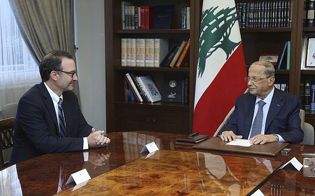 In this photo released by Lebanon's official government photographer Dalati Nohra, Lebanese President Michel Aoun, right, meets with David Schenker, Assistant Secretary of State for Near Eastern Affairs, at the presidential palace, in Baabda east of Beirut, Lebanon, on September 10, 2019. (Dalati Nohra via AP) In this photo released by Lebanon's official government photographer Dalati Nohra, Lebanese President Michel Aoun, right, meets with David Schenker, Assistant Secretary of State for Near Eastern Affairs, at the presidential palace, in Baabda east of Beirut, Lebanon, on September 10, 2019. (Dalati Nohra via AP)