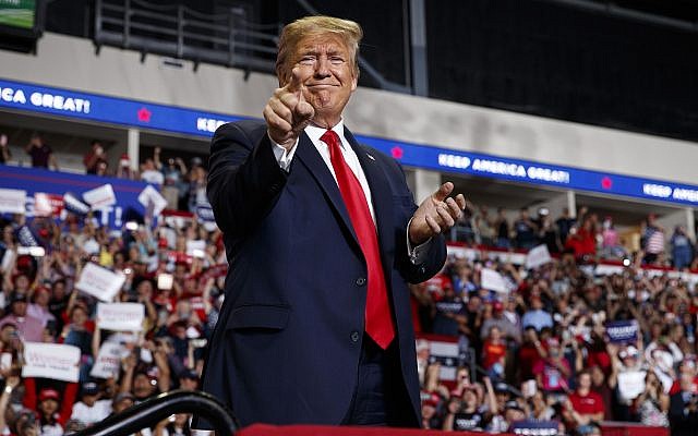 US President Donald Trump arrives to speak at a campaign rally at the Santa Ana Star Center, in Rio Rancho,New Mexico, September 16, 2019. (Evan Vucci/AP) US President Donald Trump arrives to speak at a campaign rally at the Santa Ana Star Center, in Rio Rancho,New Mexico, September 16, 2019. (Evan Vucci/AP)