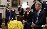 US President Donald Trump in the Oval Office of the White House on March 6, 2019, with Vice President Mike Pence, and Special Presidential Envoy for Hostage Affairs Robert O'Brien. (AP/Jacquelyn Martin)