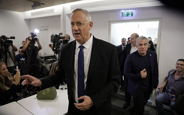 Blue and White party leader Benny Gantz arrives to give a statement for media in Tel Aviv, September 19, 2019. (AP Photo/Sebastian Scheiner) Blue and White party leader Benny Gantz arrives to give a statement for media in Tel Aviv, September 19, 2019. (AP Photo/Sebastian Scheiner)