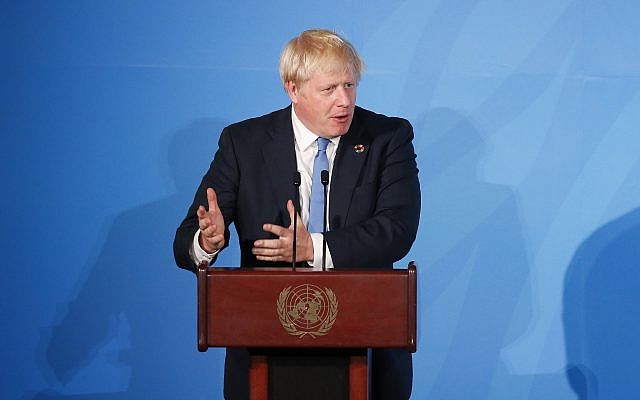 Britain's Prime Minister Boris Johnson addresses the Climate Action Summit in the United Nations General Assembly, at UN headquarters, September 23, 2019. (Jason DeCrow/AP) Britain's Prime Minister Boris Johnson addresses the Climate Action Summit in the United Nations General Assembly, at UN headquarters, September 23, 2019. (Jason DeCrow/AP)
