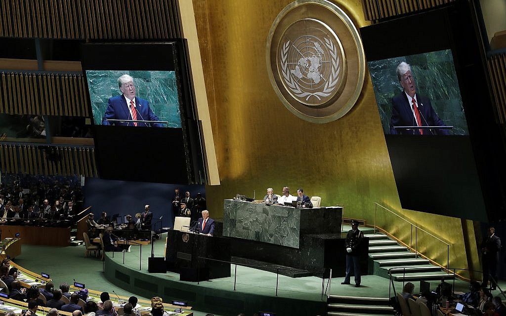 President Donald Trump delivers remarks to the 74th session of the United Nations General Assembly, Tuesday, Sept. 24, 2019, in New York. (AP Photo/Evan Vucci)