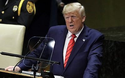 President Donald Trump delivers remarks to the 74th session of the United Nations General Assembly, Tuesday, Sept. 24, 2019, in New York. (AP Photo/Evan Vucci)