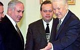 Russian President Boris Yeltsin welcomes Prime Minister Benjamin Netanyahu in Moscow, Tuesday March 11, 1997.  . (AP PHOTO/ TASS-POOL)