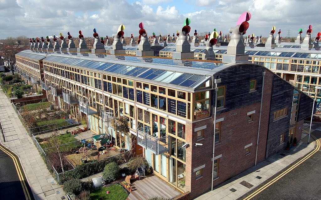 A photo for BedZed, a sustainable community in Wellington in the United Kingdom,  featured in 'Solar Guerrilla,' a Tel Aviv Museum of Art exhibit, open through December 15, 2019 (Courtesy Tom Chance)