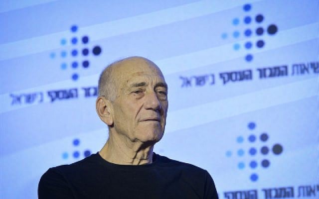 Former prime minister Ehud Olmert speaks at a conference of business organizations, in Tel Aviv on February 21, 2019 (Ben Dori/Flash90) Former prime minister Ehud Olmert speaks at a conference of business organizations, in Tel Aviv on February 21, 2019 (Ben Dori/Flash90)