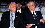 President Reuven Rivlin (left) and Blue and White leader Benny Gantz attend a Holocaust Remembrance Day ceremony at Kibbutz Yad Mordecha in southern Israel on May 2, 2019. (Flash90)