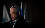 Blue and White chairman Benny Gantz attends the Srugim conference in Jerusalem on September 2, 2019. (Yonatan Sindel/Flash90)