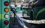 Egged's new electric buses at their charging station in Jerusalem during the launching ceremony, on September 3, 2019. (Hadas Parush/Flash90)
