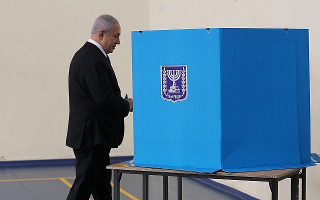 Prime Minister Benjamin Netanyahu votes at a polling station in Jerusalem on September 17, 2019. (Alex Kolomoisky/Pool/Flash90) Prime Minister Benjamin Netanyahu votes at a polling station in Jerusalem on September 17, 2019. (Alex Kolomoisky/Pool/Flash90)