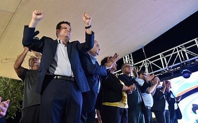 Head of the Joint List party Ayman Odeh reacts as first exit polls in the general election are announced, September 17, 2019. (Basel Awidat/FLASH90)