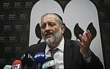 Interior Minister Aryeh Deri speaks at a Knesset faction meeting of his Shas party on September 22, 2019. (Yonatan Sindel/Flash90)