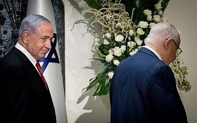 Prime Minister Benjamin Netanyahu (left) and President Reuven Rivlin at the President's Residence in Jerusalem, September 25, 2019, when Rivlin tapped Netanyahu to form the next Israeli government. (Yonatan Sindel/Flash 90