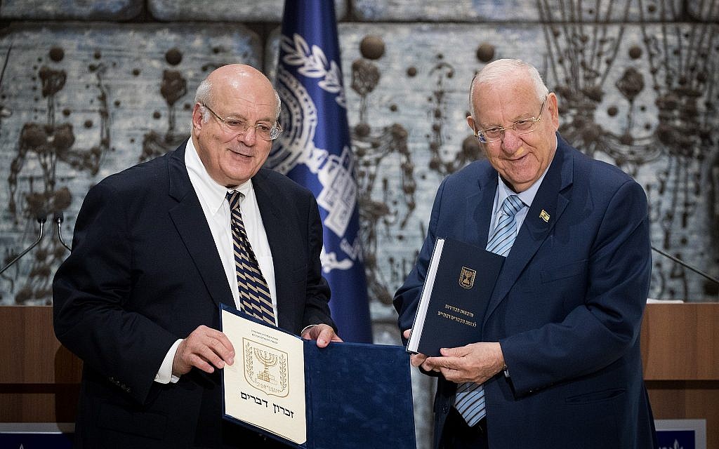 Central Election Committee chairman Hanan Meltzer presents the official results of the elections to the 22nd Knesset to Israeli President Reuven Rivlin, at the President's residence in Jerusalem, on September 25, 2019. (Yonatan Sindel/Flash90)