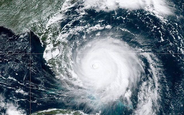 Hurricane Dorian, now a Category 4 storm, moves past grand Bahama Island in the Atlantic Ocean on its way toward the Florida coast on Sept, 2, 2019 in this image from the National Oceanic and Atmospheric Administration (NOAA via Getty Images/ JTA) Hurricane Dorian, now a Category 4 storm, moves past grand Bahama Island in the Atlantic Ocean on its way toward the Florida coast on Sept, 2, 2019 in this image from the National Oceanic and Atmospheric Administration (NOAA via Getty Images/ JTA)
