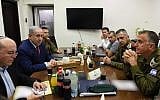 Illustrative: Prime Minister Benjamin Netanyahu (2nd R) meets with defense chiefs following a rocket attack from Gaza, at the Kirya military base in Tel Aviv on September 10, 2019. (Ariel Hermoni/Defense Ministry)