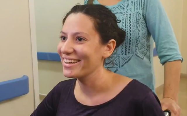 Noam Nevis, injured in a car-ramming attack outside the West Bank settlement of Elazar, speaks to reporters as she is discharged from Hadassah Hospital Ein Kerem on September 1, 2019. (Screen capture: Twitter) Noam Nevis, injured in a car-ramming attack outside the West Bank settlement of Elazar, speaks to reporters as she is discharged from Hadassah Hospital Ein Kerem on September 1, 2019. (Screen capture: Twitter)