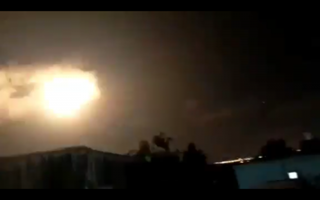 A burst of light, apparently caused by an Iron Dome interceptor missile detonating itself, illuminates the night sky over the northern Gaza Strip on September 11, 2019. (Screen capture: Twitter) A burst of light, apparently caused by an Iron Dome interceptor missile detonating itself, illuminates the night sky over the northern Gaza Strip on September 11, 2019. (Screen capture: Twitter)