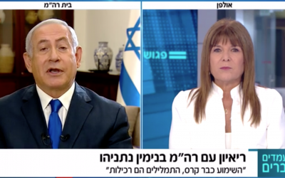 Prime Minister Benjamin Netanyahu (left) is interviewed by Rina Matsliah on Channel 12, September 14, 2019. (Channel 12 screenshot)