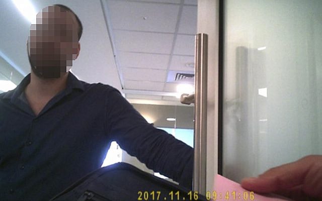 Photo taken of an employee outside Citrin Technologies office in Bnei Brak with a hidden camera by private investigations firm Dionaea Business Intelligence (Courtesy) Photo taken of an employee outside Citrin Technologies office in Bnei Brak with a hidden camera by private investigations firm Dionaea Business Intelligence (Courtesy)