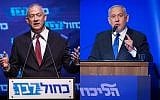 Blue and White chairman Benny Gantz, left, and Prime Minister Benjamin Netanyahu, right, speak on election night in Tel Aviv at separate party events, September 18, 2019. (Miram Alster, Hadas Parush/Flash90)