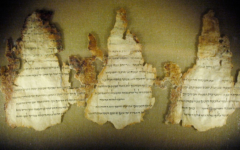 Illustrative: Three fragments from the Temple Scroll, one the Dead Sea Scrolls, is displayed at the Maltz Museum of Jewish Heritage in Beachwood, Ohio, March 28, 2006. (AP Photo/Jamie-Andrea Yanak, File)