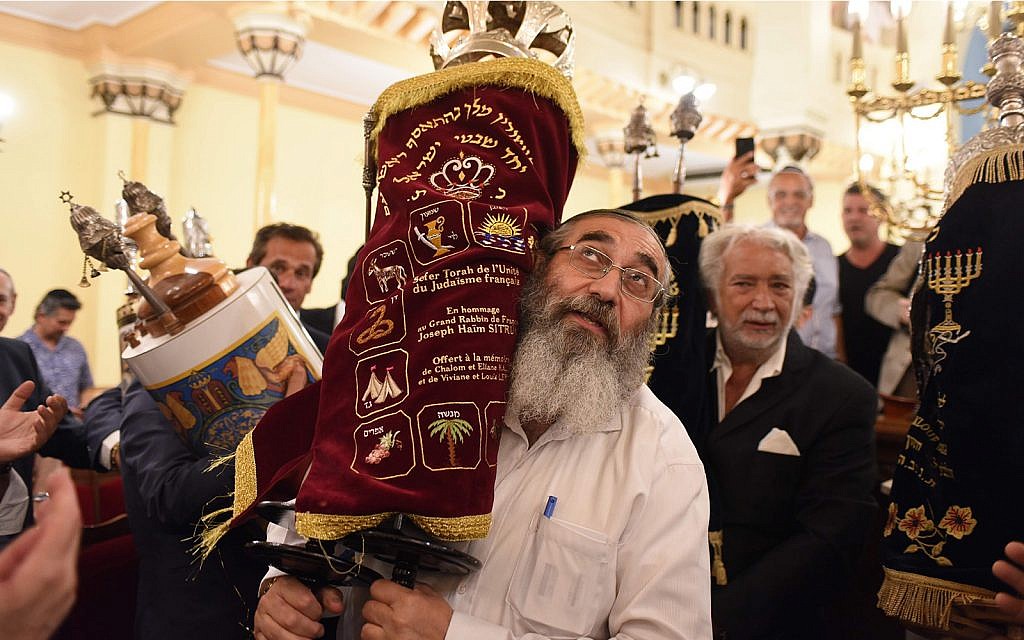 French Jews celebrating the inauguration of a new Torah scroll at the Grand Synagogue of Nice, July 11, 2019. (Courtesy of Consistoire Nice/Henri Belhassen via JTA) French Jews celebrating the inauguration of a new Torah scroll at the Grand Synagogue of Nice, July 11, 2019. (Courtesy of Consistoire Nice/Henri Belhassen via JTA)