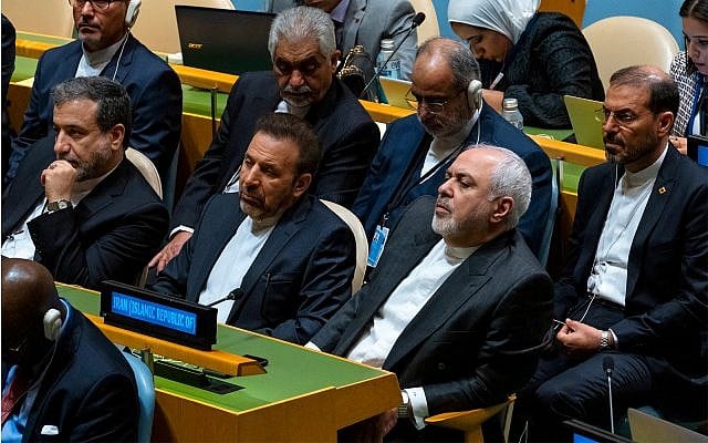 Iranian Foreign Minister Mohammad Javad Zarif, center far right, and others in the Iranian delegation listen to Iran's President Hassan Rouhani address the 74th session of the United Nations General Assembly, September 25, 2019. (AP Photo/Craig Ruttle) Iranian Foreign Minister Mohammad Javad Zarif, center far right, and others in the Iranian delegation listen to Iran's President Hassan Rouhani address the 74th session of the United Nations General Assembly, September 25, 2019. (AP Photo/Craig Ruttle)