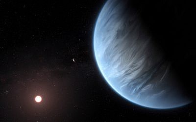 This artist's rendering shows Exoplanet K2-18b, foreground, its host star and an accompanying planet in this system. (M. Kornmesser/ESA/Hubble via AP)