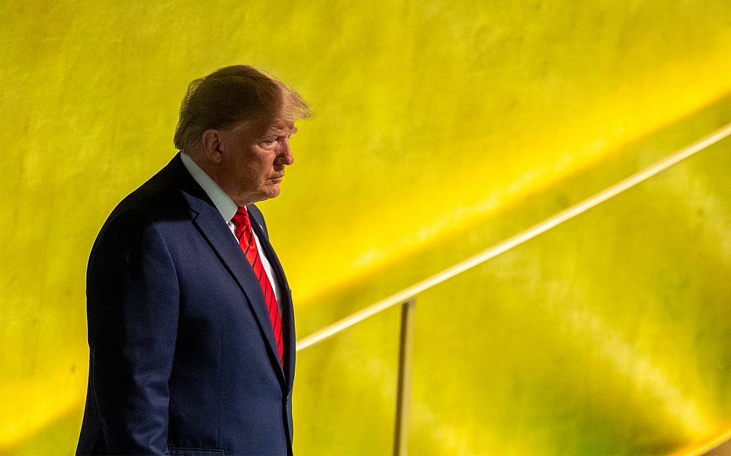 Illustrative: US President Donald Trump arrives to address the 74th session of the United Nations General Assembly at UN headquarters, September 24, 2019. (AP Photo/Mary Altaffer) Illustrative: US President Donald Trump arrives to address the 74th session of the United Nations General Assembly at UN headquarters, September 24, 2019. (AP Photo/Mary Altaffer)