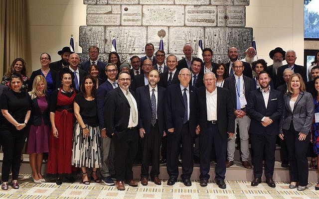 Jewish thought leaders and activists from around the world present the Declaration of Our Common Destiny to President Reuven Rivlin, September 10, 2019. (Avishag Shaar-Yashuv via JTA) Jewish thought leaders and activists from around the world present the Declaration of Our Common Destiny to President Reuven Rivlin, September 10, 2019. (Avishag Shaar-Yashuv via JTA)