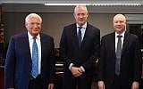 US Ambassador to Israel David Friedman, left, Blue and White chairman Benny Gantz, center, and US peace envoy Jason Greenblatt, right, meeting at the US Embassy's branch office in Tel Aviv on September 23, 2019. (Courtesy/Matty Stern/US Embassy Jerusalem)