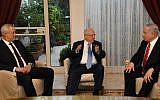 Blue and White leader Benny Gantz (L), President Reuven Rivlin (C) and Prime Minister Benjamin Netanyahu (R) meet at the President's Residence in Jerusalem on September 25, 2019. (Amos Ben Gershom/GPO)