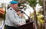 Incoming IDF Spokesperson Brig. Gen. Hidai Zilberman speaks at a ceremony in which he took over for outgoing spokesman Brig. Gen. Ronen Manelis on September 15, 2019. (Israel Defense Forces)