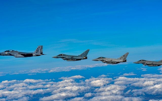 Israeli, German, Italian and British fighter jets fly together as part of the Royal Air Force's Cobra Warrior exercise in the United Kingdom in September 2019. (Israel Defense Forces) Israeli, German, Italian and British fighter jets fly together as part of the Royal Air Force's Cobra Warrior exercise in the United Kingdom in September 2019. (Israel Defense Forces)