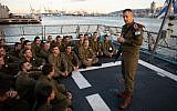 IDF Chief of Staff Aviv Kohavi speaks to Israeli Navy soldiers on the stern of a ship in the Haifa Port during a surprise exercise on September 25, 2019. (Israel Defense Forces)