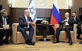 Likud minister Ze'ev Elkin (left) and Prime Minister Benjamin Netanyahu during a meeting with Russia's President Vladimir Putin, Septmber 12, 2019. (Shamil Zhumatov/Pool Photo via AP)