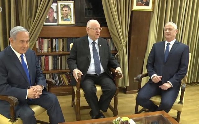 Benjamin Netanyahu, left, Reuven Rivlin, center, and Benny Gantz at the President's Residence on September 23, 2019. (screen capture: GPO) Benjamin Netanyahu, left, Reuven Rivlin, center, and Benny Gantz at the President's Residence on September 23, 2019. (screen capture: GPO)