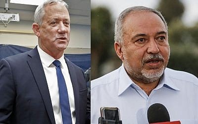 Composite picture of Blue and White leader Benny Gantz (right) at polling station in Rosh Haayin on September 17, 2019 and Yisrael Beytenu leader Avigdor Liberman (left) at Kibbutz Nahal Oz on September 12, 2019. (Jack Guez/Menahem Kahana, AFP)