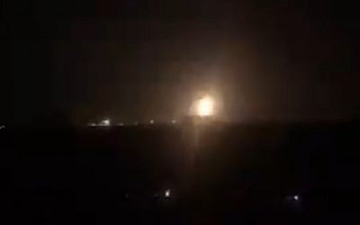 A still from a video purporting to show explosions in Gaza during Israeli airstrikes on September 7, 2019. (screen capture: Twitter)