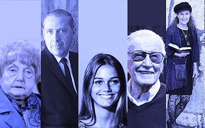 Some of the Jews we lost this past Jewish year, from left to right: Eva Mozes Kor, Herman Wouk, Peggy Lipton, Stan Lee, Lori Gilbert Kaye. (Getty Images/via JTA)