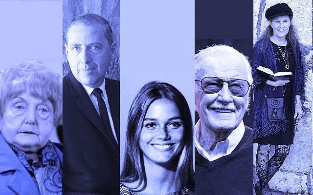 Some of the Jews we lost this past Jewish year, from left to right: Eva Mozes Kor, Herman Wouk, Peggy Lipton, Stan Lee, Lori Gilbert Kaye. (Getty Images/via JTA)