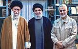 An image published on Ali Khamenei's official website on September 25, 2019 showing Khamenei, the Iranian supreme leader, left, alongside Hezbollah chief Hassan Nasrallah, center, and Islamic Revolutionary Guards Corps Quds Force commander Qassem Soleimani. (Khamenei.ir)